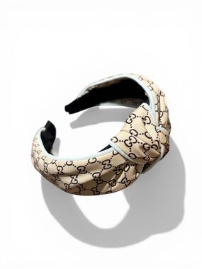 Designer-Inspired Beige Monogram Knot Headband